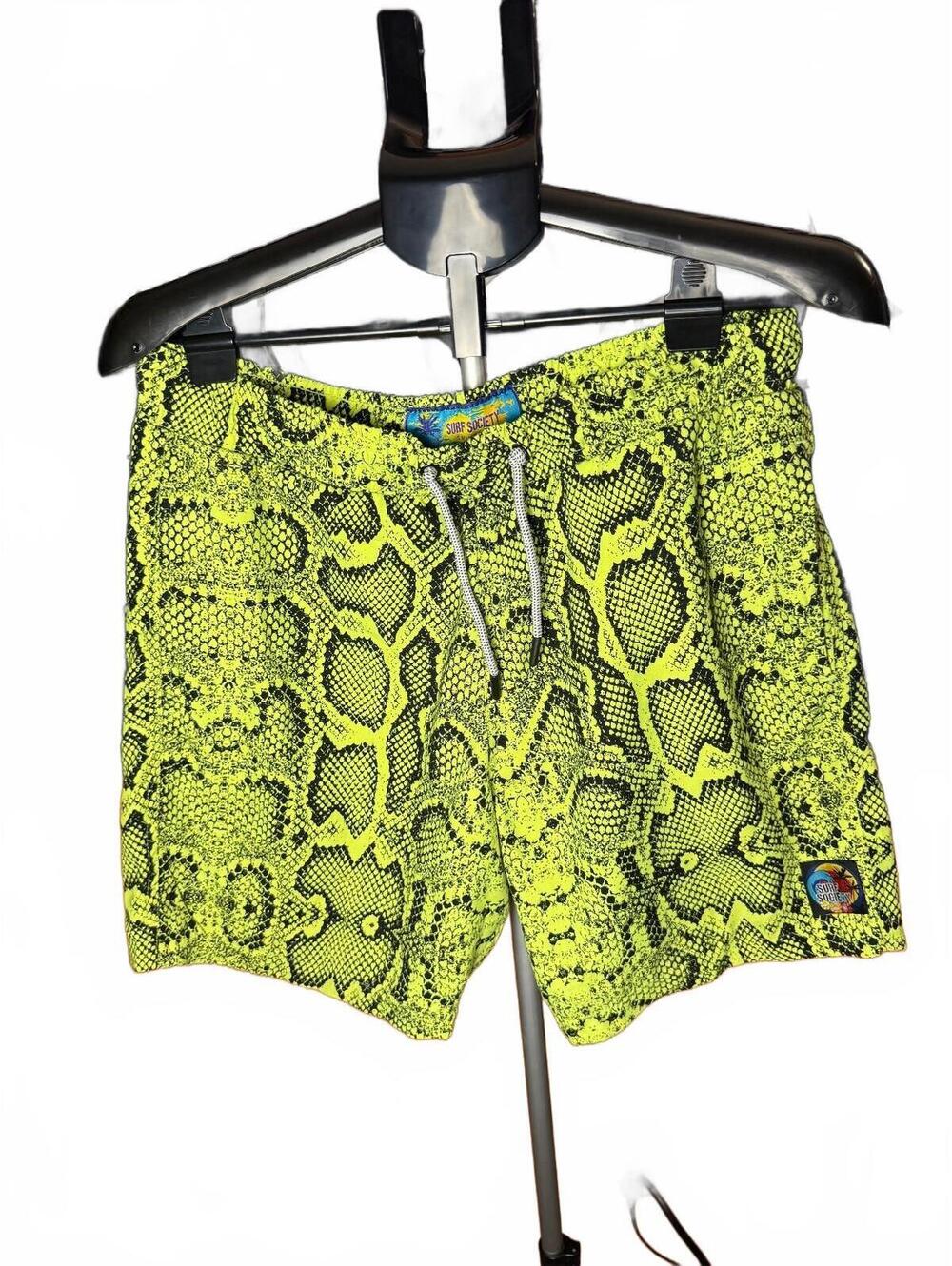 Surf Society Mens Neon Yellow Snake Print Swim Trunks board shorts sz M